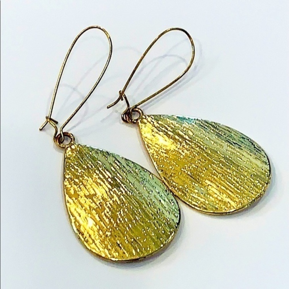 💐5/25 Textured teardrop large dangle earrings gold tone